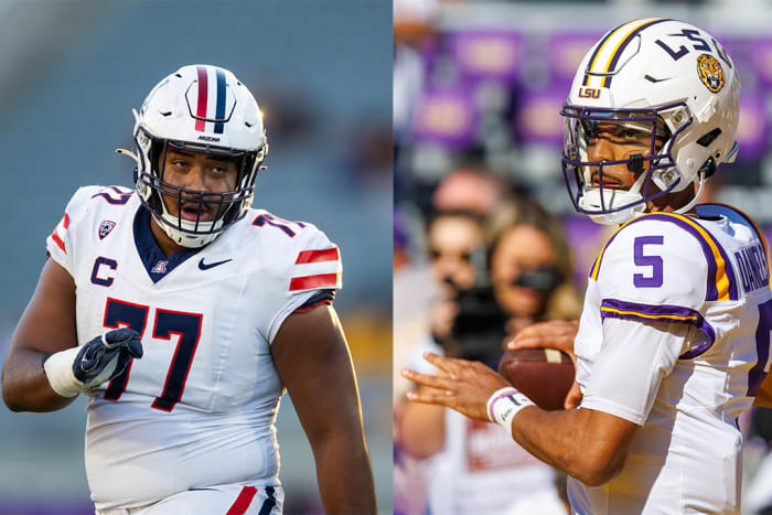 Arizona Wildcats left tackle Jordan Morgan (left) and LSU Tigers quarterback Jayden Daniels (right).